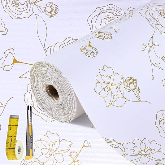 Shelf Liners for Kitchen Cabinets 12in x 30FT Non Adhesive Drawer Liner Gold Floral Thickened Shelf Liner Paper Strong Non-Slip Easy to Clean for Tool Box Refrigerator with Knife and Tape Measure