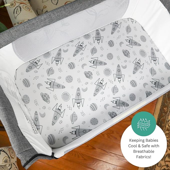 TansyPanda Bassinet Sheets for Cloud Baby, Yacul, Dream On Me Traveler, Skylar, BabyBond, Simmons, 3 Pack, 33x20 in, Ultra Soft, Breathable Snug Fit, Unisex Boys Girls, Gray White (Space Rockets)