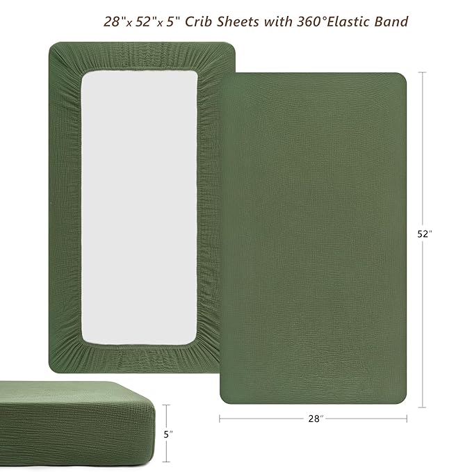 TILLYOU 2 Pack Muslin Crib Sheet for Boys and Girls - 100% Cotton Fitted Crib Sheet for Toddler Standard Crib Mattress, Soft and Breathable, 52"x28"x8",Forest Green&Light Green