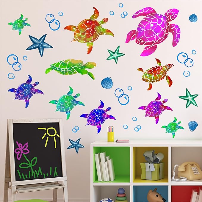 Waterproof Removable Watercolor Turtles Vinyl Wall Decal for Nursery Kidsroom School Classroom Livingroom Bedroom Bathroom Sea Life Sticker in Coastal Ocean Theme