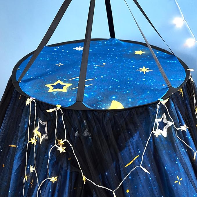 Kertnic Gorgeous Star Printed Bed Canopy for Girls & Adults, Room Decorative Cozy Bed Curtain Canopy Drapes, Round Dome Luxurious Lace Princess Canopies Mosquito Netting (Star)