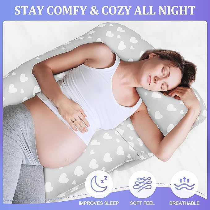 Floral Soft Pregnancy Pillow Cover (ONLY Pillowcase), U Shaped Luxurious Velvet Maternity Pillow Cover with Hidden Zip, Warm Large Pillow Protector for Side Sleeper, Grey, 59x31 in