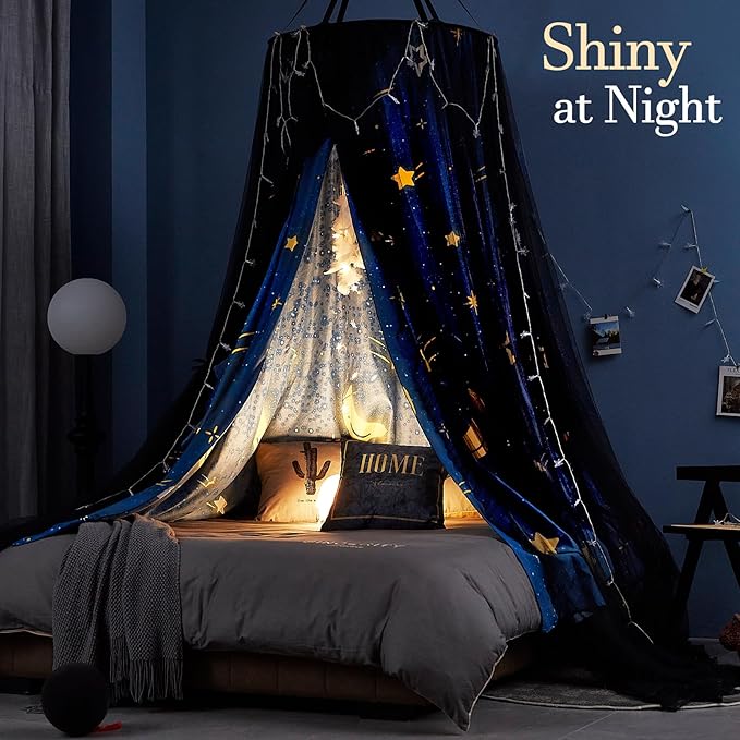 Kertnic Gorgeous Star Printed Bed Canopy for Girls & Adults, Room Decorative Cozy Bed Curtain Canopy Drapes, Round Dome Luxurious Lace Princess Canopies Mosquito Netting (Star)