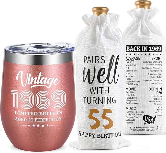 Lifecapido 55th Birthday Gifts for Women, Vintage 1969 Limited Edition Insulated Wine Tumbler with Wine Bag, 55 Year Old 55th Birthday Presents Christmas Gifts for Friends Mom Aunt Wine Lover, 12 oz