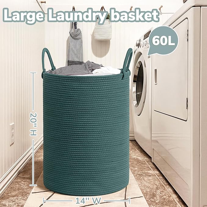 INDRESSME Large Laundry Basket Hamper for Clothes, Woven Rope Storage Basket Baby Hamper for Nursery, Blanket Basket Living Room, Tall Basket Toys Storage Toys Bin, 19.7 x 13.8 inches, Green