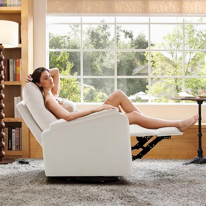 Swivel Rocking Recliner Glider Chair, Upholstered Fabric Reclining Rocker Chair with Footrest for Living Room, Nursery, Office, Bedroom, Ergonomic High Backrest, Wide Seat Cushion and Metal Base-White