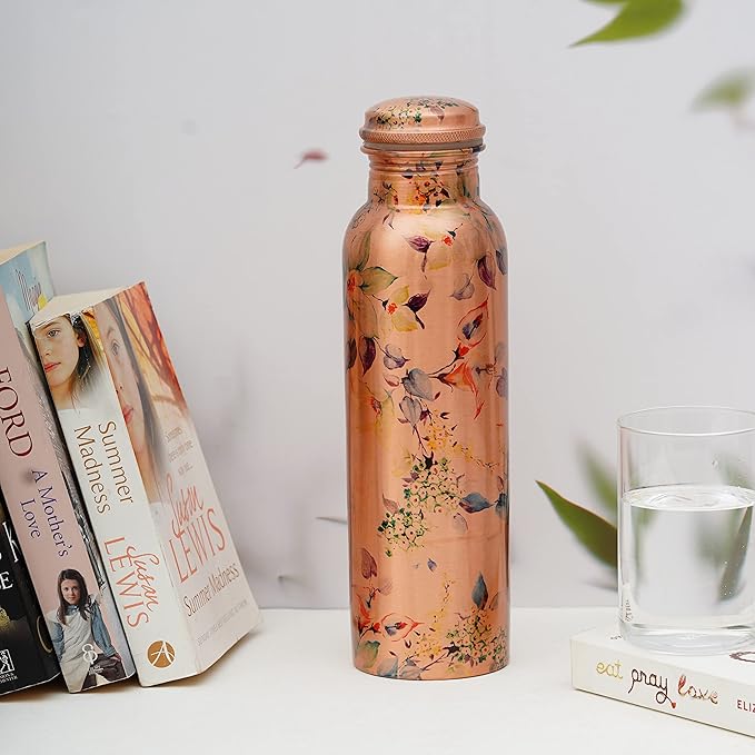 Copper Water Bottle Ayurvedic Copper Water Bottle for Drinking 32oz/ 1 Ltr Antique Carafe with lids Pure Copper Water Bottle for Gym, Office Hiking,Travel Outdoor Water Vessel