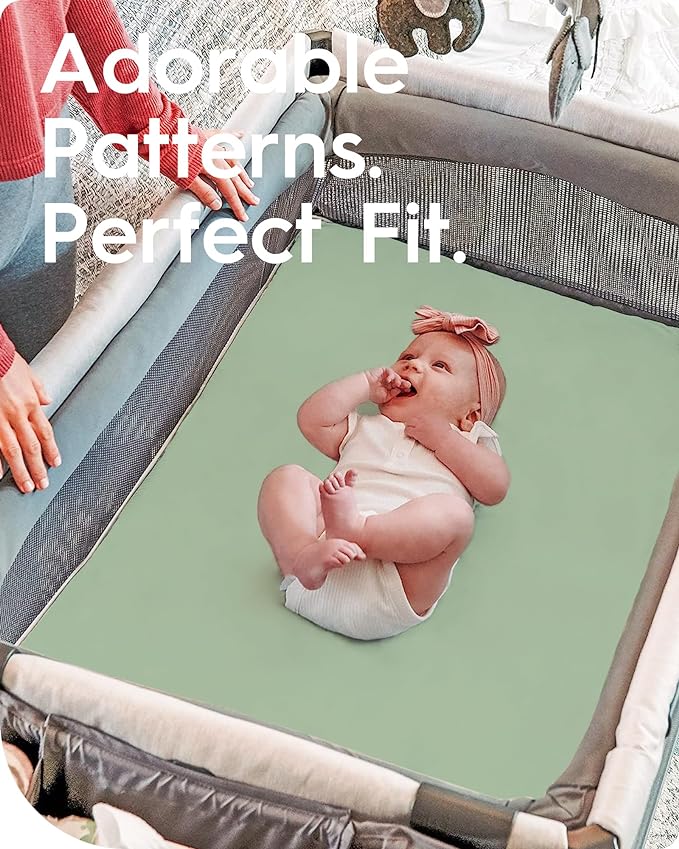 Pack N Play Sheets Fitted for Girls Boys, TotBasic Boho Mini Crib Sheets for Pack and Play/Mini Crib Mattress, Premium Soft Stretchy Jersey for Breathable Comfort - 2 Pack (Sage Green&Botanical Leaf)