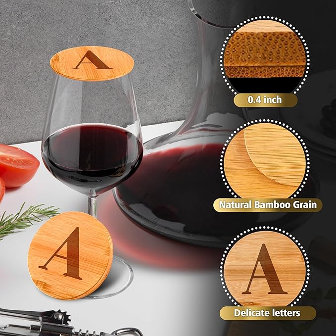 Personalized Wine Glass Charcuterie Topper - Custom Laser Engraved Initial Bamboo Wine Glass Topper Stopper Coasters Plate ID Identification Wine Glass Charcuterie Board Topper (Letter A)