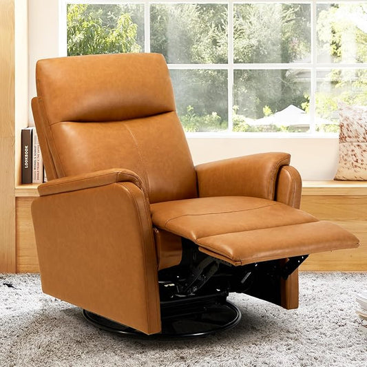 Swivel Rocking Recliner Glider Chair, Leather Reclining Rocker Chair with Footrest for Living Room, Nursery, Office, Bedroom, Ergonomic High Backrest, Wide Seat Cushion and Metal Base-Camel