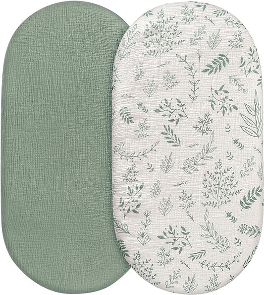 Muslin Bassinet Sheets 2 Pack for Baby Boy and Girl, Breathable Elastic Cozy Fitted Cotton Bassinet Mattress Sheet, Universal Fit for Hourglass Oval and Rectangle Bassinet Mattress (Natural Leaves)