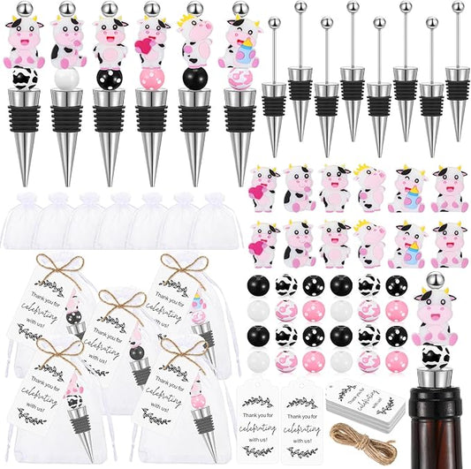 Gisafai 36 Set Cow Beadable Wine Stoppers Thank You Wedding Favors for Guests Decorative Beaded Wine Bottle Stopper with Cow Beads Organza Bag Tag for Wedding Cow Party Favor Baby Shower Gifts