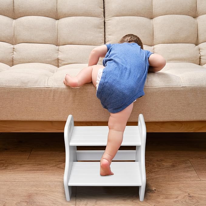 Wooden Step Stool for Kid Toddler, Potty Training for Children with 2 Built-in Handle 300lbs Load Capacity, Acacia Foot Stool Helps Your Kid Independently for Brushing, Grabbing Things (White)
