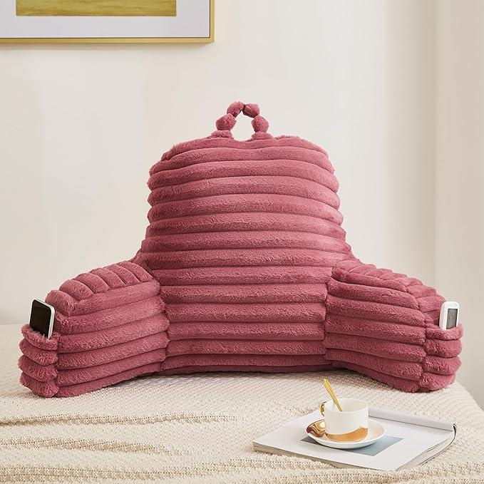 Faux Fur Fluffy Dusty Rose Reading Pillow with Pockets, Luxury Striped Plush Decorative, Arm Rests and Back Surport for Bed Rest, Lounging on sofa, Large