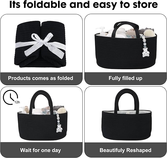 Baby Diaper Caddy Organizer for Girl Boy Cotton Rope Nursery Storage Bin Basket Portable Holder Tote Bag for Changing Table Car Travel Baby Shower Gifts Newborn Essentials Registry Must Haves Black