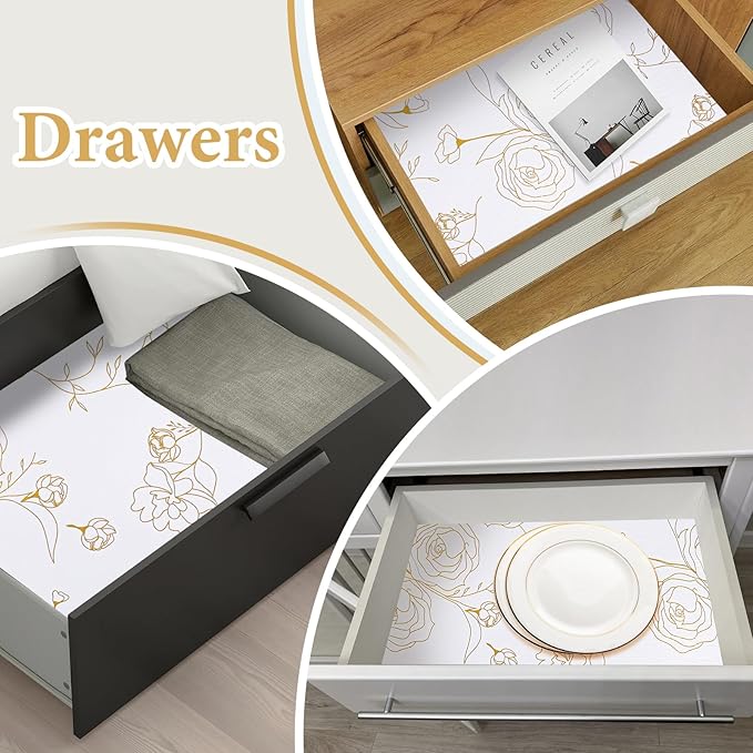 Shelf Liners for Kitchen Cabinets 17.5in x 30FT Non Adhesive Drawer Liner Gold Floral Thickened Shelf Liner Paper Strong Non-Slip Easy to Clean for Tool Box Refrigerator with Knife and Tape Measure