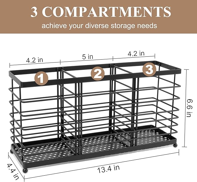 RedCall 3 Compartments Utensil Holder,Extra Large Cooking Utensil Organizer for Countertop,Black Metal Spoon Spatula Holder,Kitchen Tools Storage Holder,Kitchen Decor