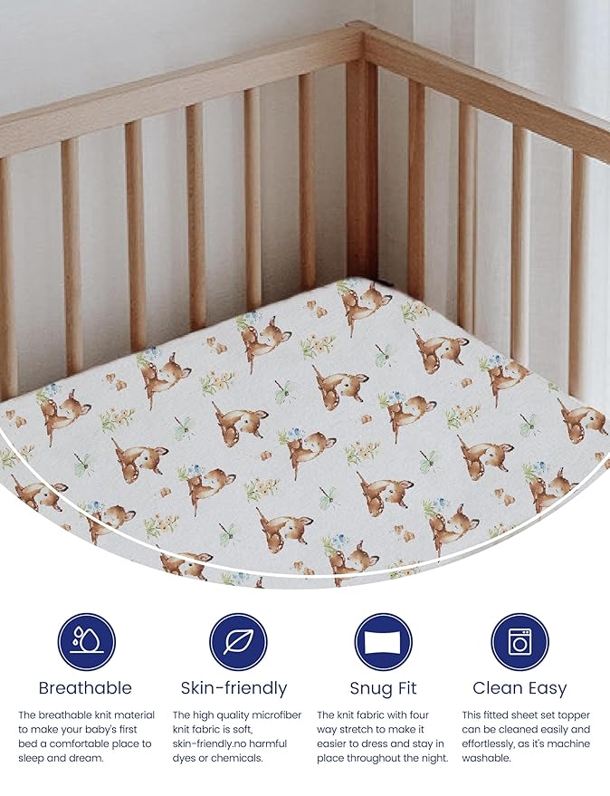 TotAha Premium Stretchy Crib Sheets (2-Pack)-Hypoallergenic, Silky Comfort, Buttery Soft, Calming Effect, All-Season Jersey-Knit Sheets, 9'' Extra Deep Pocket, Forest Bear & Cute Deer
