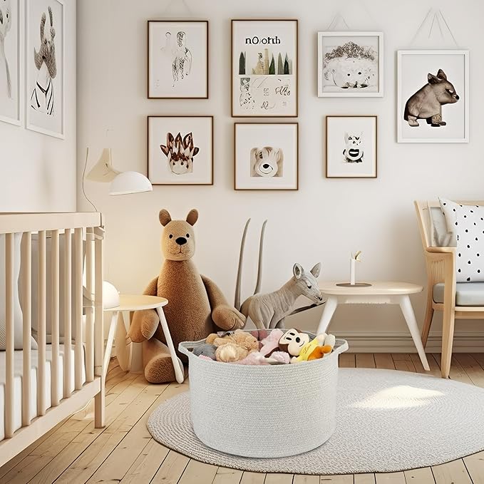 Large Cotton Rope Basket Blankets Basket Living Room 22"x14" Toy Basket for Kids and Dogs Rope Storage Basket for Nursery Woven Laundry Basket for Clothes Towels Baby Toy Storage round grey