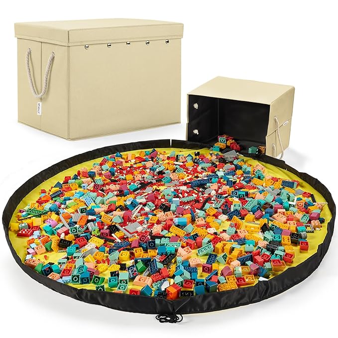 Toy Storage Organizer and Play Mat for Kids - Foldable Organizer Storage Bins with Lids - Detachable Mat Storage Bag Kids Toy Box for Boys, Girls, Nursery, Playroom 11.6''x11.6''x15.5''(Beige)