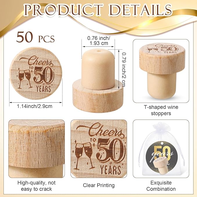 Barydat 50 Sets 50th Birthday Party Favors Wine Bottle Corks Wooden Wine Stopper 50th Anniversary Cheers to 50 Years Thank You Cards Labels Organza Bags Thank You Gifts 50th Birthday Gifts for Guest
