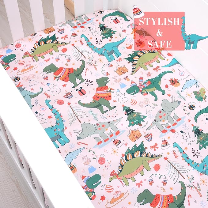 JISEN Christmas Crib Sheet Dinosaurs Fitted Crib Sheets 1 Piece Soft Baby Crib Sheets for Standard Crib and Toddler Mattress Pink Baby Bed Sheets for Crib for Baby Boys Girls Neutral 28x52 Inch