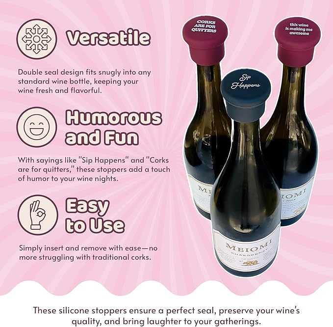 Funny Silicone Wine Stoppers - Leakproof Double Seal Design - Reusable Bottle Covers - Glass Bottle Toppers - Easy to Use Silicone Bottle Stopper for Wine, Champagne & More (Pack of 3)