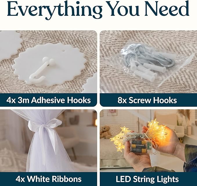 Canopy Bed Curtains with Lights, White Bed Canopy For Girls & Adults | Fits Full, Double, Queen, King | Bed Curtains From Ceiling Or Bed Frame, Bed Curtains, Bed Canopies & Drapes, Princess Bed