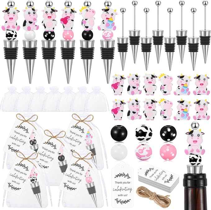 Gisafai 12 Set Cow Beadable Wine Stoppers Baby Shower Wedding Favors for Guests Decorative Beaded Wine Bottle Stopper with Cow Beads Organza Bag Tag for Wedding Cow Party Favor Souvenirs Gifts