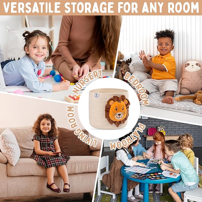 Lion Baby Basket - Charming Cotton Rope Nursery Basket, Cute Basket for Lion Nursery Decor and Toy Baskets for Kids Room, Decorative Animal Baskets for nursery