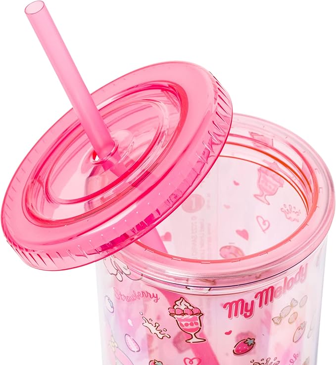 Silver Buffalo Sanrio Hello Kitty and Friends My Melody Strawberry Donut and Milkshake Pattern Plastic Cold Cup with Lid and Straw, 20 Ounces