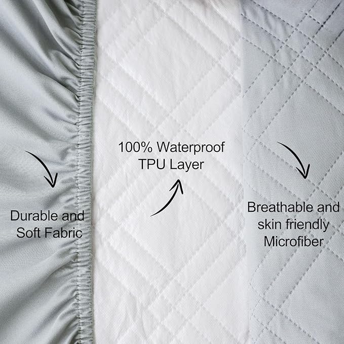 Waterproof Mini Crib Mattress Protector 2 Pack, Ultra Soft Breathable Mini Crib Mattress Pad Cover for Boys Girls Neutral, Fit Pack N Play, Playard and Mini Crib Mattresses, White & Grey
