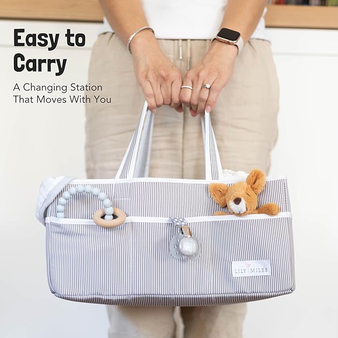 Lily Miles Baby Diaper Caddy Organizer - Baby Shower Basket for Newborn Boys or Girls - Nursery Must Haves for New Mom - Baby Registry Favorites - Large Storage Tote for Changing Table or Car, Gray