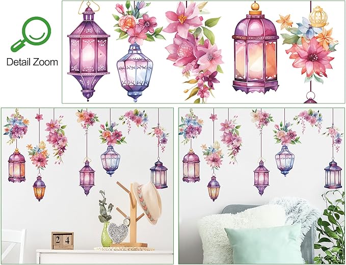 Hanging Flower Vine Wall Stickers Floral and Lamp Peel and Stick Wall Art Decals Flower Vine Wall Decor for Living Room Bedroom TV Background Spring Party Decoration