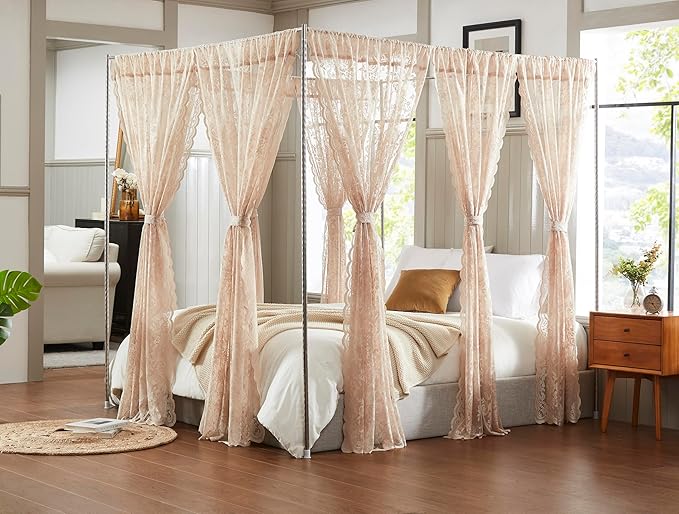 Warm Home Designs Lace Canopy Bed Curtains Set Consists of 8 48" x 78" Linen Canopy Curtains with Tie-Backs. Queen Canopy Bed Curtains or King Bed Canopy Curtains for Coquette Bedroom Decor. LC Linen