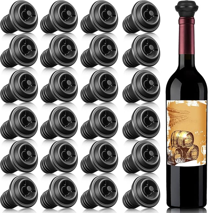 Honoson Wine Stopper Resealable Wine Pump Vacuum Stoppers Vacuum Wine Stopper Silicone Wine Saver Stoppers Practical Wine Saver Stoppers for Kitchen Supplies Wine Bottle Tools (Black,24 Pieces)