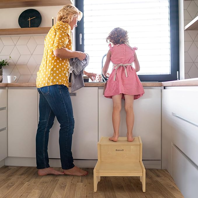 Step Stool for Kids, Wooden Toddler Step Stool for Bathroom Sink with Safety Anti-Slip Mat and Strip, Assembly Easily, Sturdy Kid Step Stool for Brushing Teeth, Kitchen, Toilet Potty Training