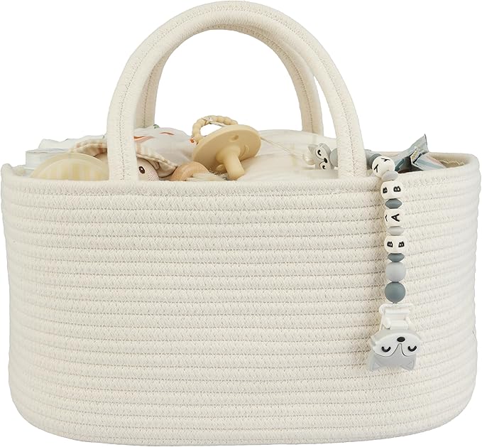 Large Baby Diaper Caddy Organizer for Girl Boy Rope Nursery Storage Bin Basket Portable Holder Tote Bag for Changing Table Car Travel Baby Shower Gifts Newborn Essentials Registry Must Haves White