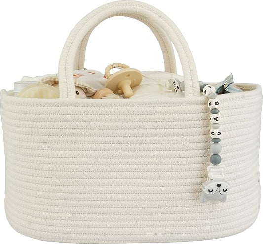 Large Baby Diaper Caddy Organizer for Girl Boy Rope Nursery Storage Bin Basket Portable Holder Tote Bag for Changing Table Car Travel Baby Shower Gifts Newborn Essentials Registry Must Haves White