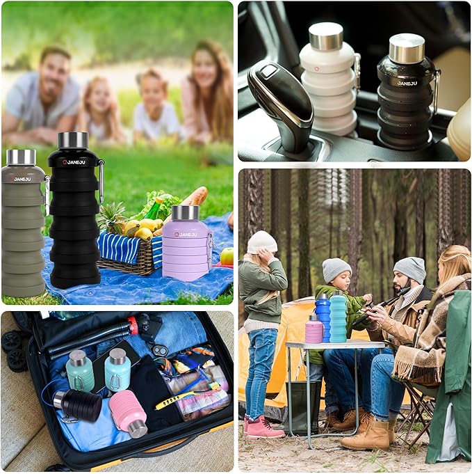 JaneJu Collapsible Water Bottle, 17oz BPA Free Silicone Reusable Portable Lightweight Foldable Water Bottles with Carabiner, Portable Leak Proof Sports Water Bottle (White)