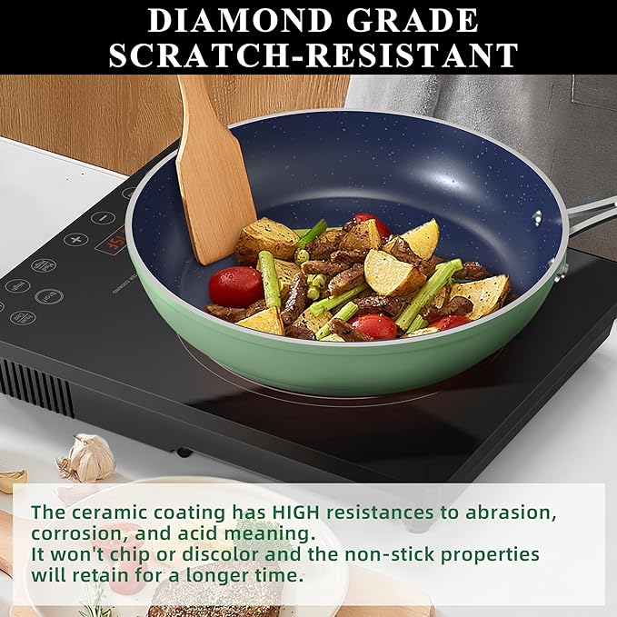 Nuwave Healthy Duralon Blue Ceramic Nonstick Cookware Set, Diamond Infused Scratch-Resistant, PFAS Free, Dishwasher & Oven Safe, Induction Ready & Evenly Heats, Tempered Glass Lids & Stay-Cool Handles