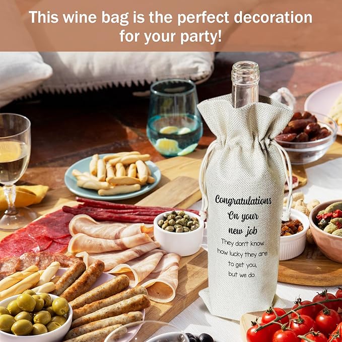 New Job Wine Gift Bags & Card, Congrats on New Job Gifts Promotion Gifts for Her Him Coworker Colleague, 1 pcs Reusable Burlap Wine Gift Bags for Wine Bottles, New Job Congratulations Party Favor -24