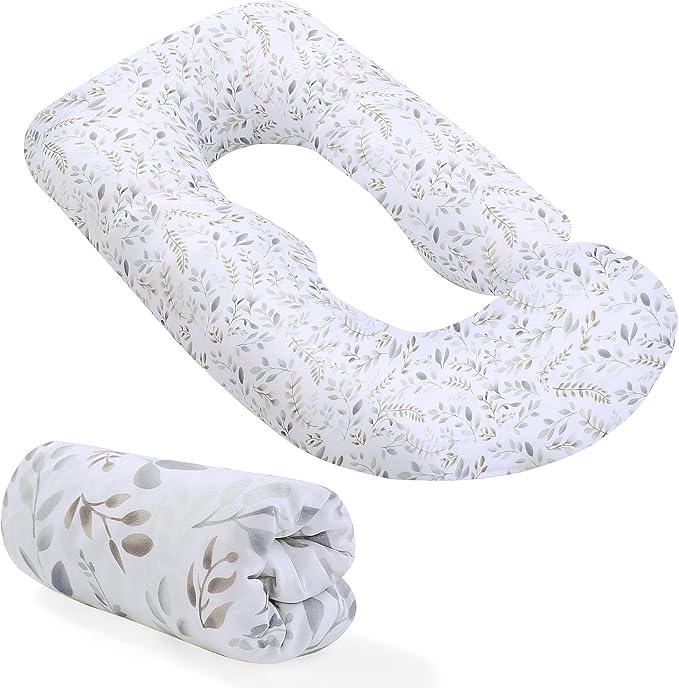 Floral Soft Pregnancy Pillow Cover (ONLY Pillowcase), U Shaped Luxurious Velvet Maternity Pillow Cover with Hidden Zip, Warm Large Pillow Protector for Side Sleeper, White, 58x32 in