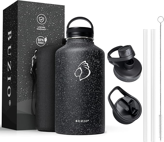 BUZIO Water Bottle with Straw lid, Spout Lid, Hand Lid and Carrying Pouch, 32oz 40oz 64oz Stainless Steel Water Flask Jug, Cold for 48 Hrs Hot for 24 Hrs Double Vacuum Thermo Canteen Mug, BPA-Free