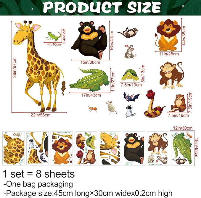Jungle Animals Wall Decals Woodland Animals Wall Stickers Giraffe Lion Crocodile Bear Wall Sticker Removable DIY Peel and Stick Mural Art Decor for Kids Baby Bedroom Living Room