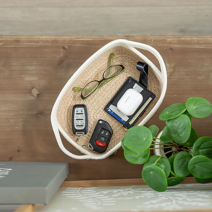 OrganiHaus Set of 5 Rectangle Bathroom Storage Baskets for Organizing, Small Woven Baskets for Storage Basket for Bathroom, Nursery Storage Basket for Baby Nursery Organization, Cute Bin, Honey/White