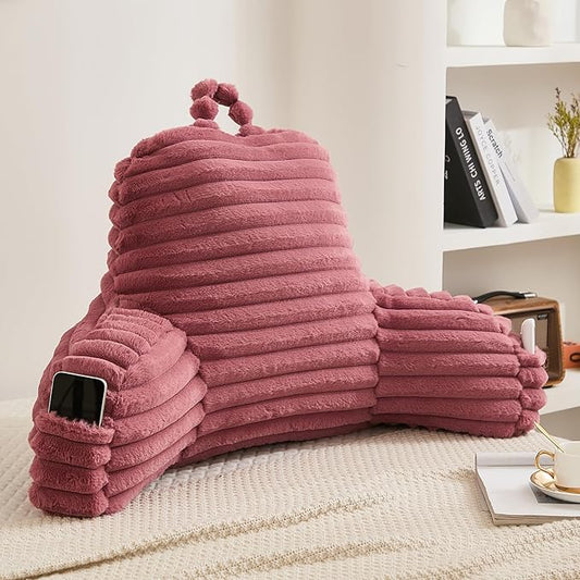Faux Fur Fluffy Dusty Rose Reading Pillow with Pockets, Luxury Striped Plush Decorative, Arm Rests and Back Surport for Bed Rest, Lounging on sofa, Large