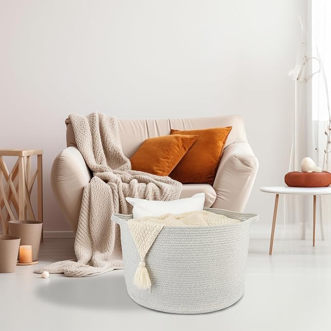 Large Cotton Rope Basket Blankets Basket Living Room 22"x14" Toy Basket for Kids and Dogs Rope Storage Basket for Nursery Woven Laundry Basket for Clothes Towels Baby Toy Storage round grey