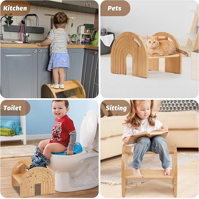 Rainbow Wooden Toddler Step Stool, Two-Step Stool for Bathroom, Kitchen and Potty Training,with Safety Non-Slip Pad, Handle and Auto Light(Natural)