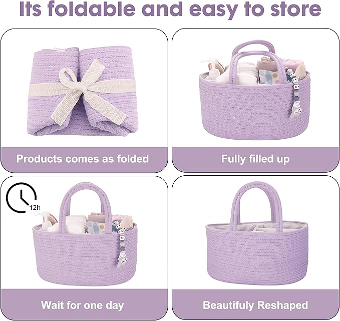 Baby Diaper Caddy Organizer Cotton Rope Nursery Storage Bin Basket Portable Holder Tote Bag for Changing Table Car Travel Baby Shower Gifts Newborn Essentials Registry Must Have Purple or Lavender